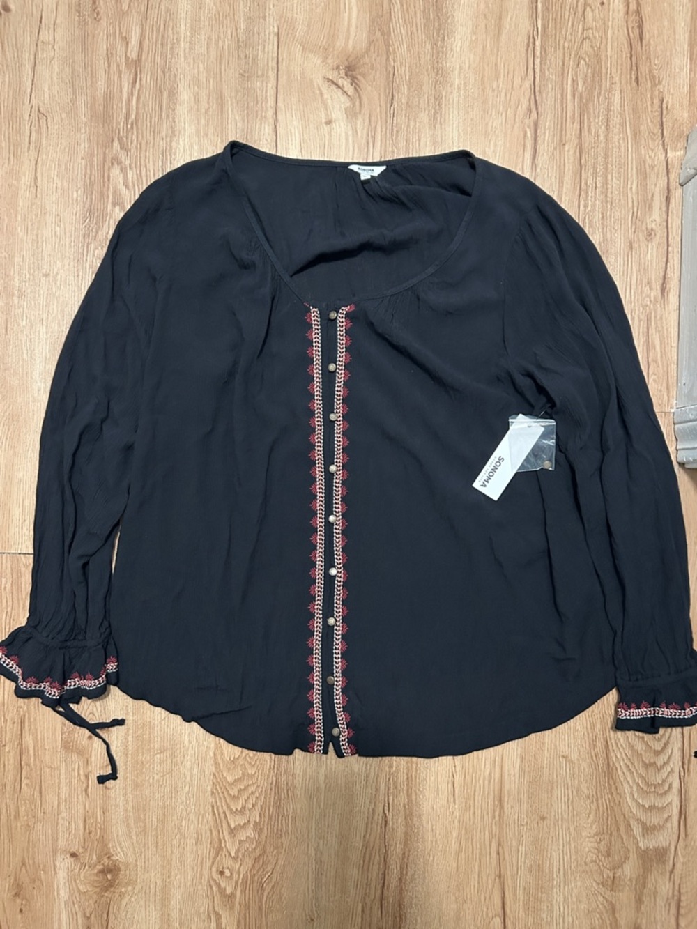 NWT Sonoma XL Button-Front Black Peasant Blouse